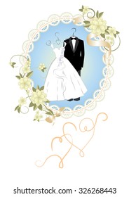 Wedding invitation with bride and groom dress and a lace frame decorated with flowers. Vector illustration