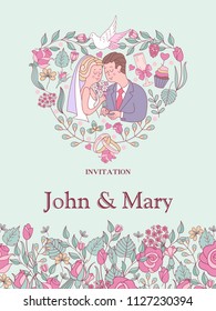 Wedding invitation. The bride and groom exchange wedding rings. Pink flowers, a glass of champagne and a white dove. All design elements are assembled in the shape of a heart. 