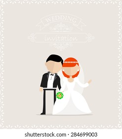 Wedding invitation with bride and groom image on the center