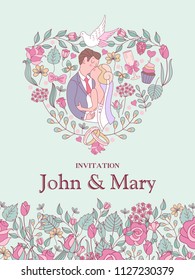 Wedding invitation. Bride and groom kissing. Pink flowers, a glass of champagne and a white dove. All design elements are assembled in the shape of a heart. Vector illustration with space for text.