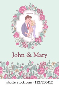 Wedding invitation. The bride and groom kissing in a wreath of pink flowers. The wreath is crowned with white pigeons.  Vector illustration with space for text. 