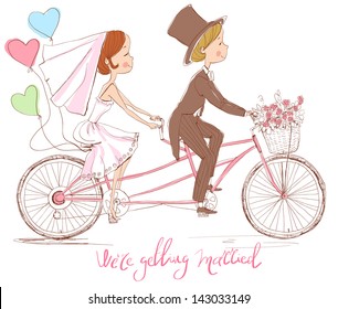 Wedding invitation. The bride and groom on tandem bicycle