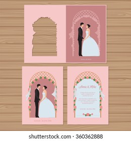 Wedding invitation with bride and groom on the background of a wedding arch. Vector illustration.