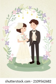 Wedding invitation with bride and groom portrait illustration and flower arch