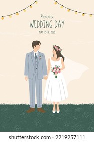Wedding invitation with bride and groom portrait illustration. Green lawn grass texture. Landscape of Spring field and wild flower. For poster, card, banner background. Hand drawn style. Flat vector.