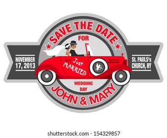 wedding invitation with bride and groom in retro car 2