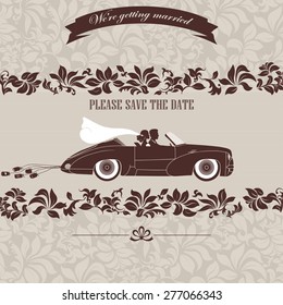 Wedding invitation, the bride and groom in retro car on a floral background - vector illustration