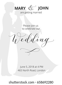 Wedding invitation with bride and groom silhouettes and hand written custom calligraphy. Save the date card template. Free font used - Open Sans.