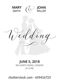 Wedding invitation with bride and groom silhouettes and hand written custom calligraphy. Save the date card template.