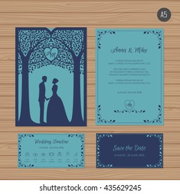 Wedding invitation with bride and groom, and tree. Paper lace envelope template. Wedding invitation envelope mock-up for laser cutting. Vector illustration.