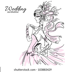 Wedding invitation, bride in pink
