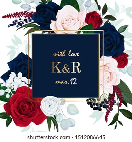 Wedding Invitation With Burgundy And Navy Blue Roses