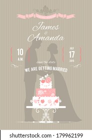 Wedding invitation with wedding cake. Vector illustration 