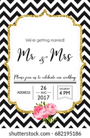 Wedding invitation calligraphy card, lettering vector design. Hand written wedding day romantic card with golden frame, black and white pattern and text Mr&Mrs.