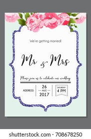 Wedding invitation calligraphy card, lettering vector design. Hand written wedding day romantic card with glitter frame and text Mr & Mrs.