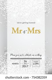 Wedding invitation calligraphy card,  vector design with silver and golden glitter elements. Wedding day card with text We are getting married! Mr & Mrs.