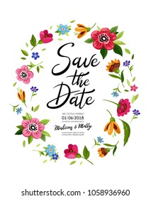 Wedding invitation with calligraphy Save the Date. Lettering in flower frame. Are getting married. Summer composition.
