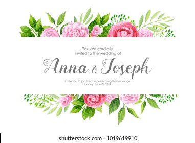 Wedding invitation with camellia flowers. Vector illustration.