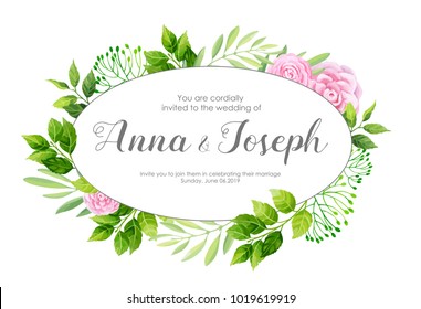 Wedding invitation with camellia flowers. Vector illustration.