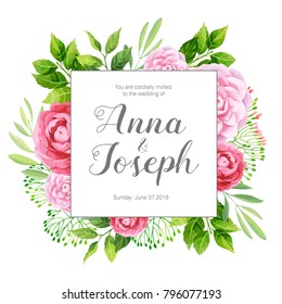 Wedding invitation with camellia flowers. Vector illustration.