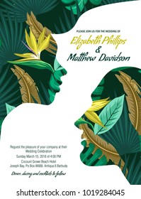 Wedding invitation card with abstract background of tropical leaves.