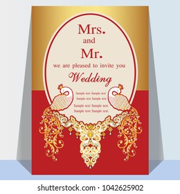 Wedding invitation or card with abstract background. Islam, Arabic, Indian, decoration with peacock.
