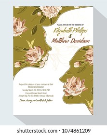 Wedding invitation card with abstract background of peony flower.  Brochure flyer design template. Negative space – trend.