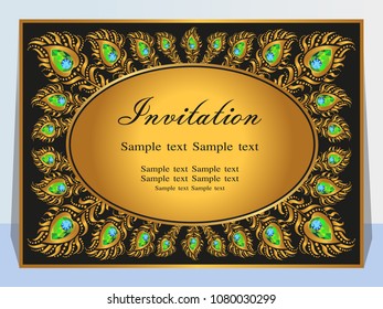 Wedding invitation or card with abstract background. Islam, Arabic, Indian, decoration with peacock.
