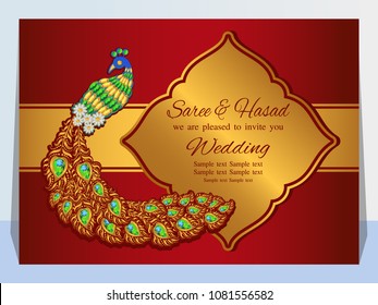 Wedding invitation or card with abstract background. Islam, Arabic, Indian, decoration with peacock.
