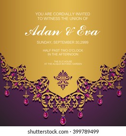 Wedding invitation or card with abstract background. Islam, Arabic, Indian, Turkish, Ottoman, Pakistan motifs.