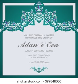 Wedding invitation or card with abstract background. Islam, Arabic, Indian, Turkish, Ottoman, Pakistan motifs.