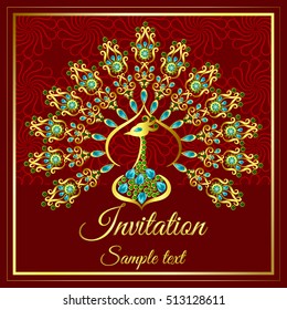 Wedding invitation or card with abstract background. Islam, Arabic, Indian, decoration with peacock in gold and jewels
