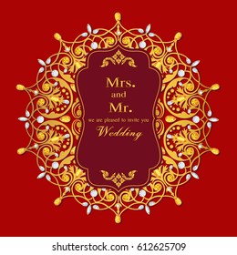 Wedding invitation or card with abstract background. Islam, Arabic, Indian, decoration crystal on paper .
