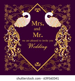 Wedding invitation or card with abstract background. Islam, Arabic, Indian, decoration with peacock, gold and crystal.
