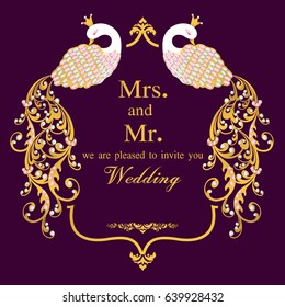 Wedding invitation or card with abstract background. Islam, Arabic, Indian, decoration with peacock , gold and crystal.