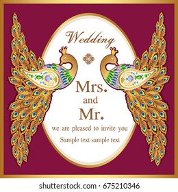 Wedding invitation or card with abstract background. Islam, Arabic, Indian, decoration with peacock.
