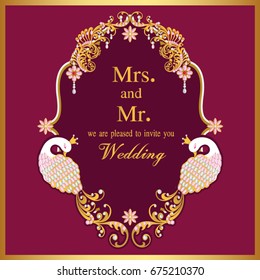 Invitación de boda o tarjeta con fondo abstracto. Islam, árabe, indio, decoración con pavo real.
