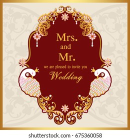 Wedding invitation or card with abstract background. Islam, Arabic, Indian, decoration with peacock.