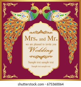 Wedding invitation or card with abstract background. Islam, Arabic, Indian, decoration with peacock.