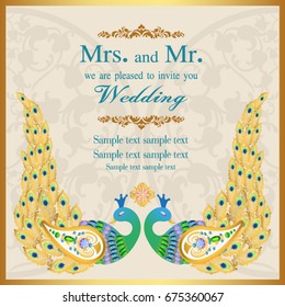 Wedding invitation or card with abstract background. Islam, Arabic, Indian, decoration with peacock.