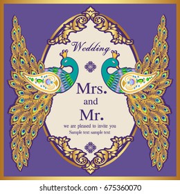 Wedding invitation or card with abstract background. Islam, Arabic, Indian, decoration with peacock.