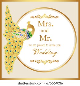 Wedding invitation or card with abstract background. Islam, Arabic, Indian, decoration with peacock.
