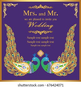 Wedding invitation or card with abstract background. Islam, Arabic, Indian, decoration with peacock.
