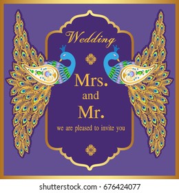 Wedding invitation or card with abstract background. Islam, Arabic, Indian, decoration with peacock.
