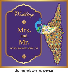 Wedding invitation or card with abstract background. Islam, Arabic, Indian, decoration with peacock.
