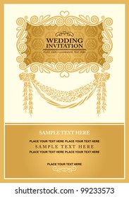 Wedding invitation card, abstract background, vintage frame and banner, gold damask wallpaper, baroque style label, fashion pattern, graphic ornament for decoration and design.