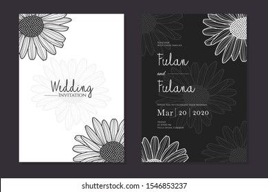 wedding invitation card with abstract doodle hand drawn daisy flower floral sketch ornament background template mockup decoration vector illustration