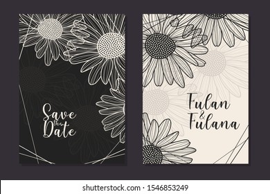 wedding invitation card with abstract doodle hand drawn daisy flower floral sketch ornament background template mockup decoration vector illustration