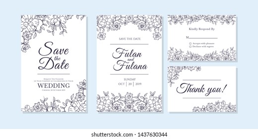 wedding invitation card abstract floral and flower outline doodle art style mockup template vector illustration