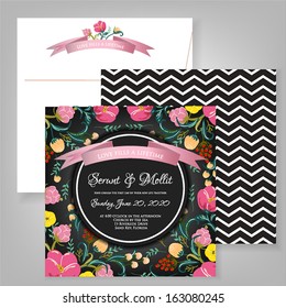 Wedding invitation card with abstract floral background.